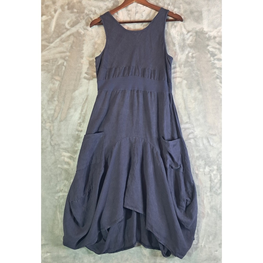Chelsea Theodore Linen Blend Dress L Blue Sleeveless Lagenlook Bubble Hem Pocket